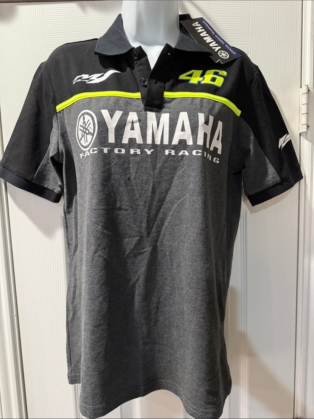 Yamaha Men's Black and Gray Polo with Neon Yellow Accent
